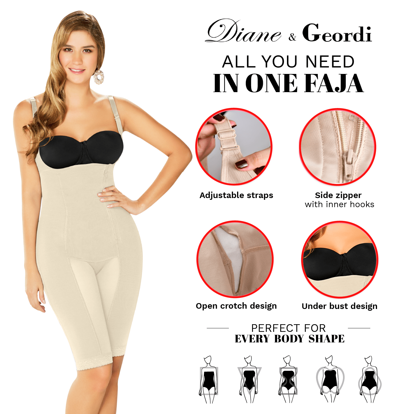 Diane & Geordi 2393 | Powernet Full Body Shaper with Firm Tummy Control | Postpartum and Post-Surgery Shapewear for Women